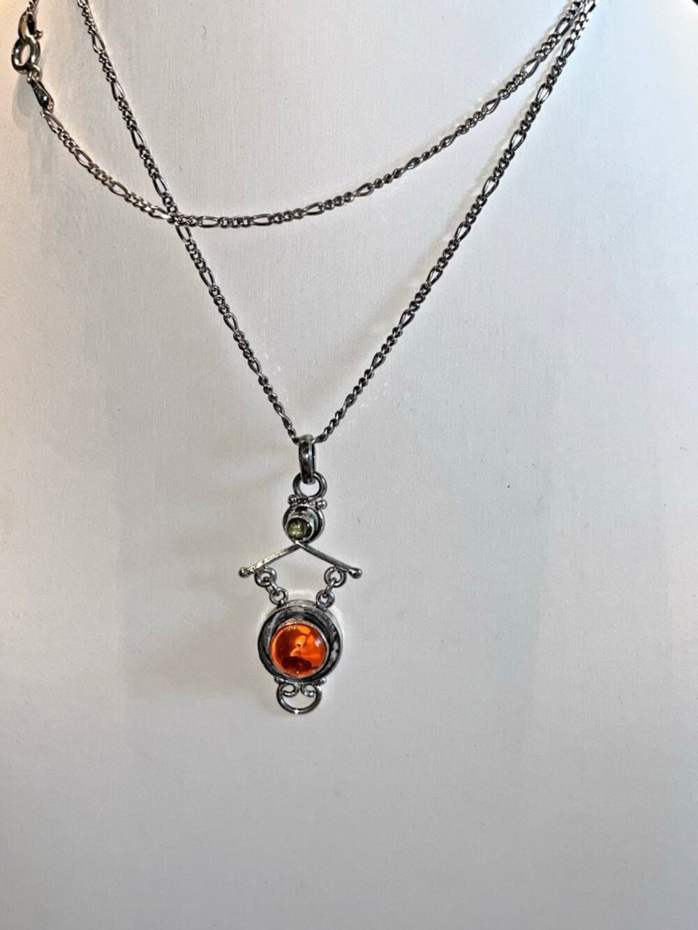 Vintage Artisan 925 Sterling Silver Amber Pendant 23” 925 Silver Chain Necklace